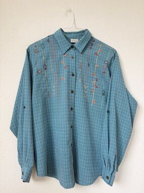 Koret Blue Embroidered Women’s Button-Up Shirt Size M Vintage